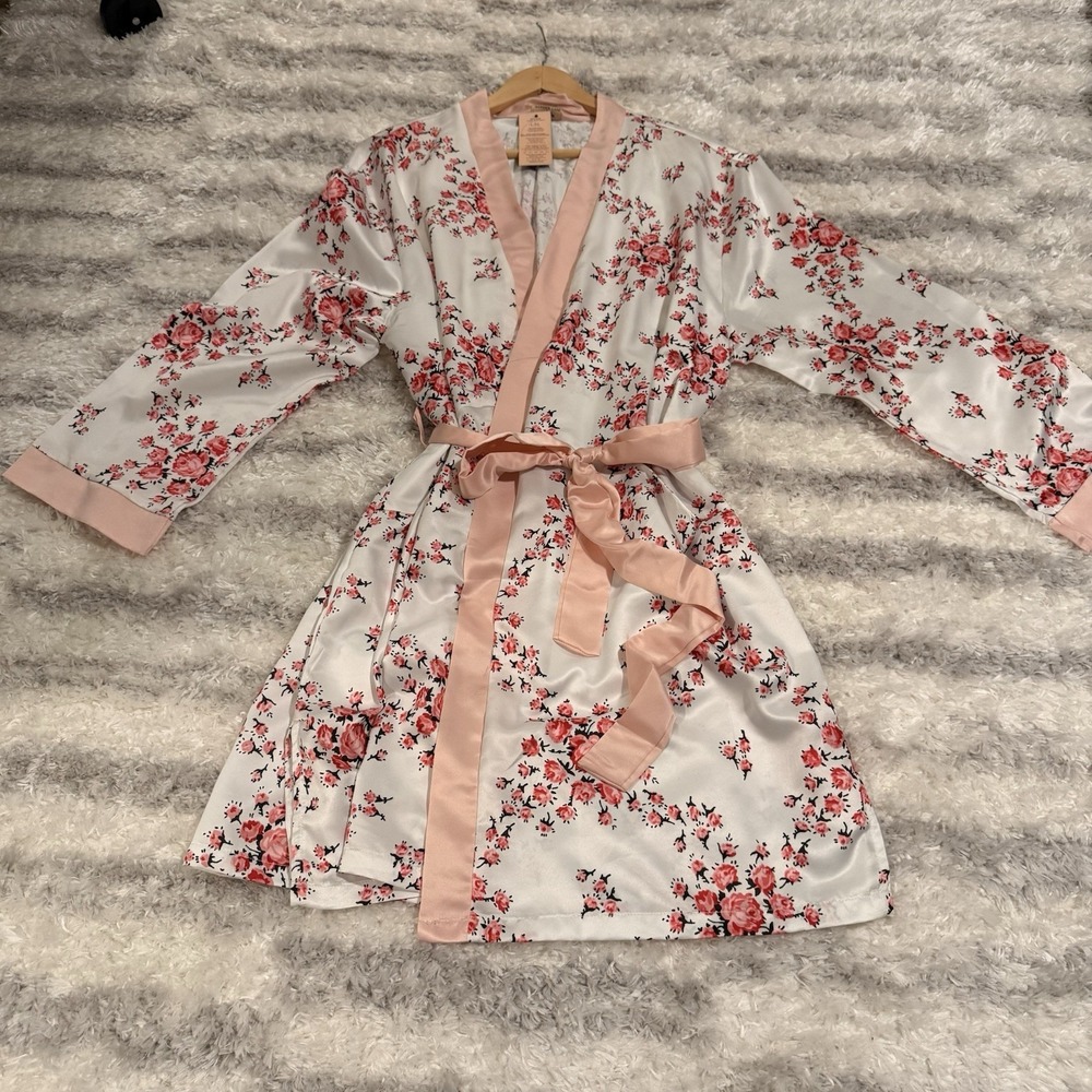 Morgan Lane Satin Floral Tie Belt Robe White Pink Red Women L/XL Fab Fit Fun